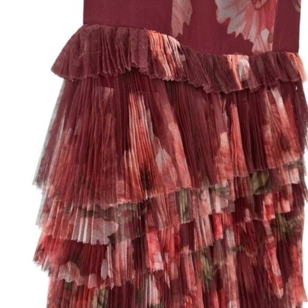 Anthropologie Hutch Nalina Tiered Tulle Floral Print Burgundy Maxi Dress Size 10 - Picture 5 of 10